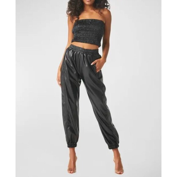 NWT Misa Los Angeles Black Smocked Crop Top & Vegan Leather Joggers Set Size S‎ - Picture 1 of 14